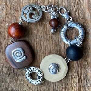 BRIGHTON contempo wood and silver beaded blocky link‎ bracelet